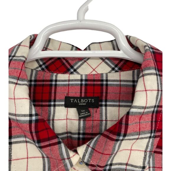 Talbots Red & White Plaid Button Shirt Shimmer Holiday Ruffle Trim Size 1X - Picture 3 of 8